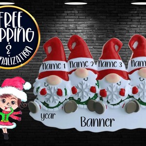 Gnome Family of 4 Personalized Christmas Ornament|Gnome Ornament|Christmas Gnome||Gnomes Ornament|Custom Gnome Ornament|Gnome Tree