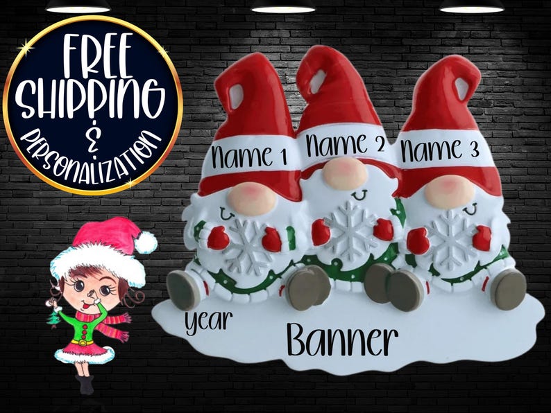 Gnome Family of 3 Personalized Christmas Ornament|gnome Ornament ...