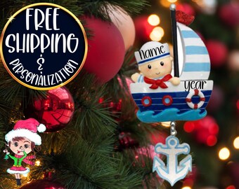 Sailor Boy Christmas Ornament | Personalized Nautical Ornament | Baby's First Christmas | Custom Name | Free Shipping | 2025 Keepsake Gift