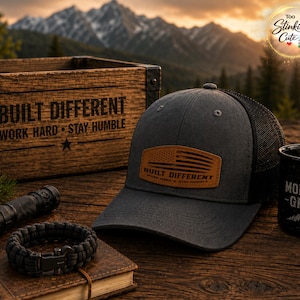 Built Different Leather Patch Richardson 112FP Hat, American Flag Trucker Cap, Work Hard Stay Humble Hat, Gift for Him, Farm Hat