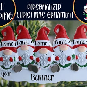 Gnome Family of 5 Personalized Christmas Ornament|Gnome Ornament|Christmas Gnome||Gnomes Ornament|Custom Gnome Ornament|Gnome Tree