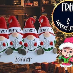 Gnome Family of 4 Personalized Christmas Ornament|Gnome Ornament|Christmas Gnome||Gnomes Ornament|Custom Gnome Ornament|Gnome Tree