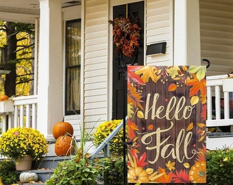 Fall Garden Flag Vertical Double Sided Garden Decoration Hello Fall with Pumpkin for  Autumn /Thanksgiving Day 12.5 x 18 Inch