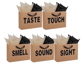 2 Sets of 5 Senses Gift Bags wi/Handles and Tissue Paper for Valentine Wedding Anniversary Party Birthday Kraft, 12.6''x8.8''x4'')