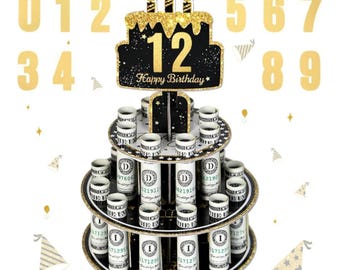 Two (2) Birthday Cash Cake, Money Holder Stand  Personalized Money Box with 0-9stickers Variable Age for Her Him Birthdays Party Decorations
