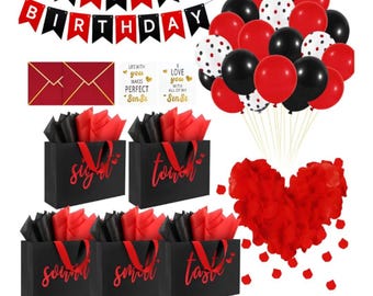 5 Senses Gift Bags for Him w/ Labels & Tissue Paper | Happy Birthday Decorations Kit with Banner, Balloons, Rose Petals, Envelope, Card