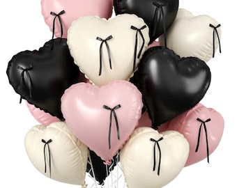 20 Pcs Baby Pink Cream Heart Shaped Balloon w/ Black Bow Ribbon, 18 Inch Pink Sand White Foil Balloons ..Birthday Baby Shower Wedding