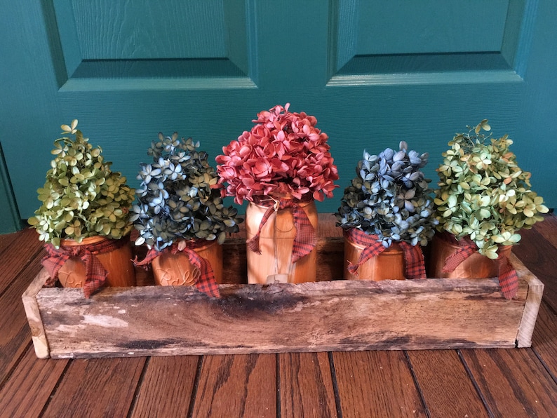 Long wooden box centerpiece best selling items Fits 6 pint jars country wedding table decor barn wood decor wedding centerpiece