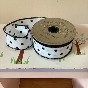D Stevens Ribbon, White with black dot Ribbon, Summer Ribbon, Craft Ribbon, Wired Ribbon, 1.5 x 10 yds Ribbon
