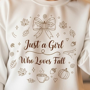 Just A Girl Who Loves Fall Doodle Png, Coquette Png, Cute Autumn Png, Fall Vibes Clipart, Pumpkin Spice Png, Cozy Season Png