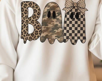 BOO Ghosts PNG, Leopard Camo Checkered Halloween Design, Coquette Ghost PNG, Distressed Preppy Spooky Season Sublimation