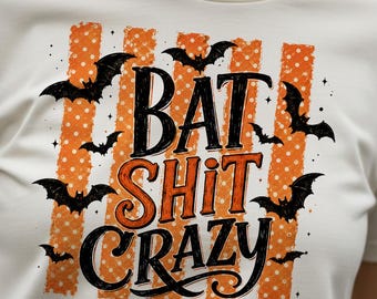 Bat Shit Crazy PNG, Funny Halloween PNG, Polka Dot Brushstroke Striped PNG, Spooky Season Sublimation, Distressed Bat Shirt Digital Download
