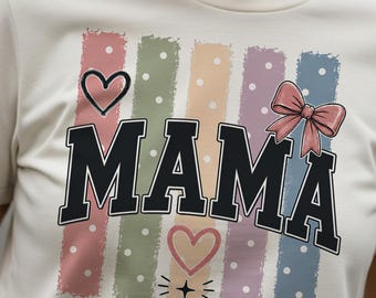 Mama PNG, Polka Dot Striped Mama PNG, Distressed Varsity Mom Sublimation, Coquette Bow Heart Shirt Design, Digital Download