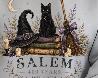 セーラム400周年記念PNG、黒猫魔女帽子ほうきデザイン、マサチューセッツ州セーラム魔女ハロウィン昇華プリント、400周年記念PNG