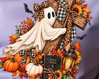キリスト教ハロウィンPNG、聖霊聖書PNG、秋のカボチャ十字架昇華プリント、ヒョウ柄リボンバッファローチェック秋のシャツデザイン