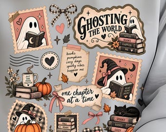 ゴーストザワールドPNG、ハロウィンブックラバーPNG、ゴーストブックワームPNG、居心地の良い秋の読書昇華プリント、読書好きの秋のシャツデザイン