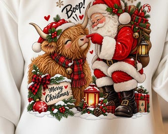 クリスマス ハイランド牛 PNG、サンタ ブープ牛 PNG、面白いクリスマス PNG、ハイランド牛 クリスマス昇華プリント、サンタ牛 ホリデーシャツ