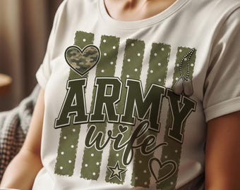 Army Wife PNG, Military Wife PNG, Camo Polka Dot Striped Sublimation, Distressed Army Spouse Shirt Design, Digital Download