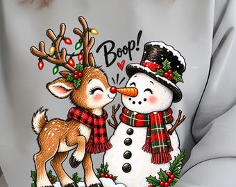 クリスマスのトナカイPNG、トナカイの雪だるまブープPNG、かわいい冬のクリスマスPNG、雪だるまの昇華プリント、ホリデートナカイシャツデザイン