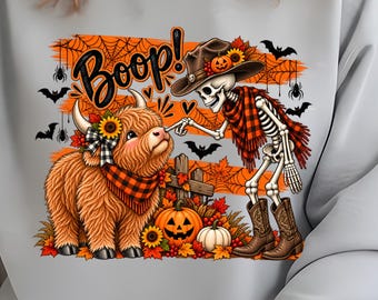 ハイランド牛のハロウィンPNG、スケルトンブープPNG、不気味なハイランド牛PNG、ハロウィン牛の昇華プリント、面白い秋のシャツデザイン
