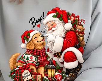 サンタが犬の鼻をツンとつつくPNG画像、クリスマス犬のPNG画像、サンタが鼻をツンとつつくPNG画像、かわいいクリスマス犬の昇華プリント、ホリデー子犬シャツのデザイン
