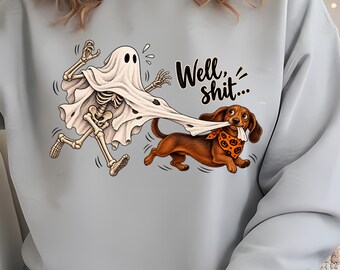 面白いハロウィン犬のPNG、ひどいハロウィンPNG、幽霊骸骨犬のPNG、不気味なダックスフンドの昇華プリント、面白いハロウィンシャツのデザイン