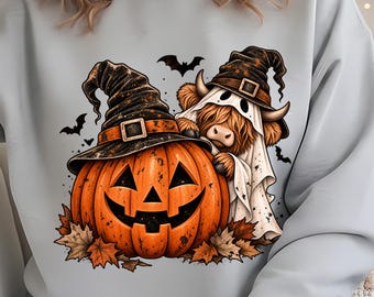 ハイランド牛ハロウィンPNG、ハロウィン牛カボチャPNG、不気味なハイランド牛PNG、魔女の帽子牛昇華プリント、秋のハロウィンシャツPNG