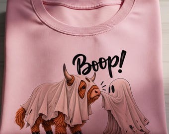 ゴーストハイランド牛PNG、ブーハロウィンPNG、不気味なハイランド牛PNG、かわいいゴースト牛昇華プリント、面白いハロウィンシャツデザイン
