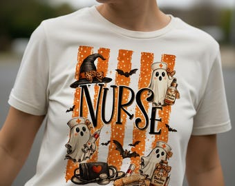 Nurse Halloween PNG, Spooky Nurse Ghost PNG, Orange Polka Dot Striped Sublimation, Distressed Witch Nurse Shirt Design, Digital Download