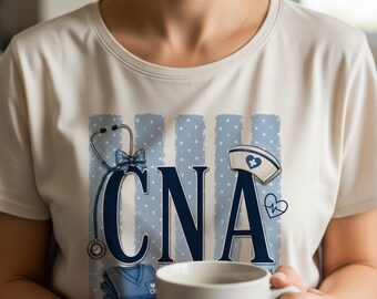 CNA PNG, Certified Nursing Assistant PNG, Blue Polka Dot Striped Sublimation, Distressed Nurse Aide Shirt Design, Digital Download
