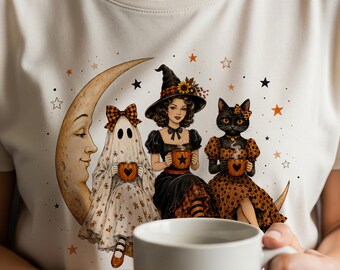 ハロウィンガールスクワッドPNG、ビンテージ魔女ゴースト黒猫PNG、不気味な月のハロウィンデザイン、レトロハロウィン昇華デジタルダウンロード