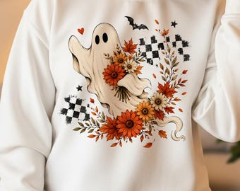 秋の幽霊PNG、花柄ハロウィンシャツデザイン、秋の不気味な幽霊昇華プリント、チェッカーボードDTF印刷可能