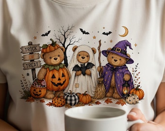 ハロウィンのテディベアPNG、トリックオアトリートベアトリオPNG、かわいいゴースト魔女パンプキンベアデザイン、不気味な季節の昇華デジタルダウンロード