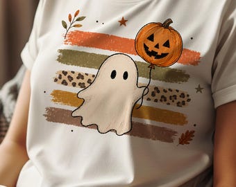 不気味な幽霊のハロウィンPNG、カボチャ風船の幽霊PNG、レトロストライプのハロウィンデザイン、かわいい不気味な季節の昇華デジタルダウンロード