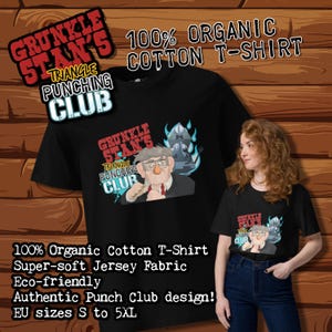 Peut inclure: T-shirt noir 100% coton biologique avec un dessin animé d'un personnage et le texte "GRUNKLE STAN'S TRIANGLE PUNCHING CLUB". Le t-shirt est écologique et disponible en tailles EU S à 5XL.