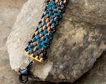 SAVE 20% - Handwoven Glass Seed Bead Bracelet - Cerulean Teal Blue / Copper / Matte Black - 7.75 Inches