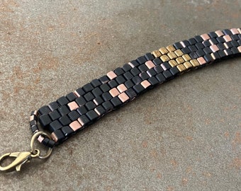 SAVE 20% - Handwoven Glass Seed Bead Bracelet - Matte Black / Copper / Antique Gold - 7.75 Inches