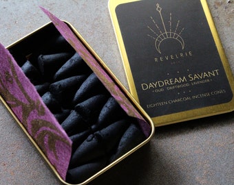 Daydream Savant Charcoal Incense Cones In Gold Tin - Eighteen Cones - Refills Available