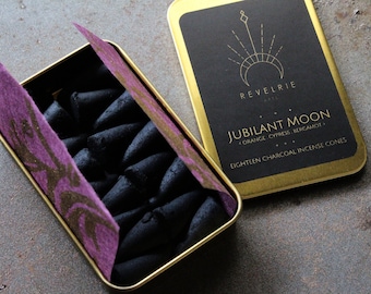 Jubilant Moon Charcoal Incense Cones In Gold Tin - Eighteen Cones - Refills Available