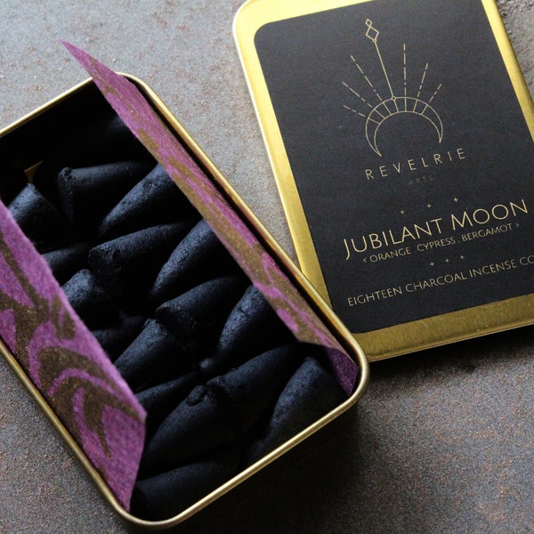 Jubilant Moon Charcoal Incense Cones In Gold Tin - Eighteen Cones - Refills Available