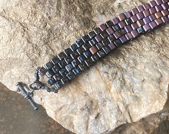 SAVE 20% - Handwoven Glass Seed Bead Bracelet - Matte Black / Antique Black / Matte Purple Ombré - 7.5 Inches