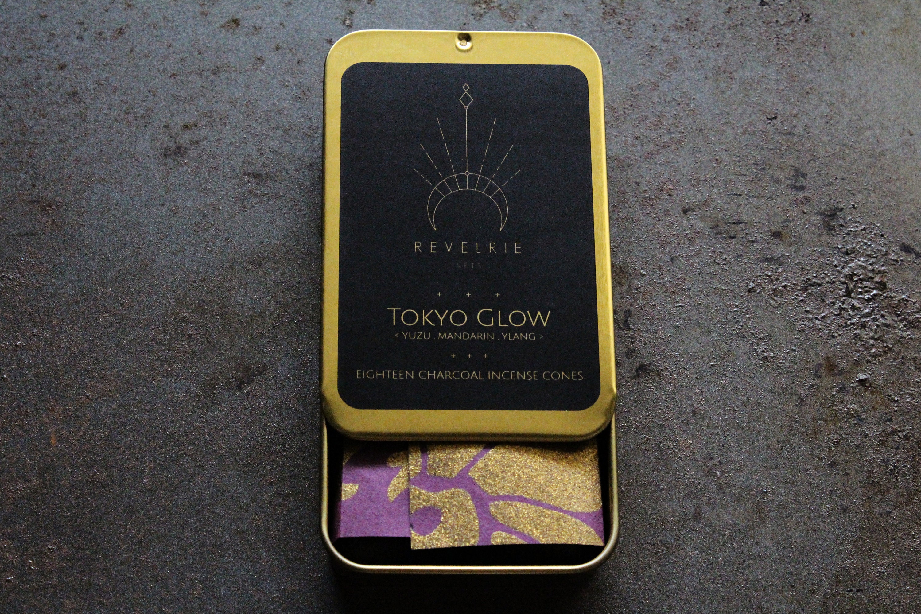 Tokyo Glow Charcoal Incense Cones in Gold Tin Eighteen Cones Refills