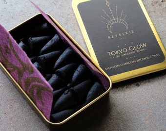 Tokyo Glow Charcoal Incense Cones In Gold Tin - Eighteen Cones - Refills Available