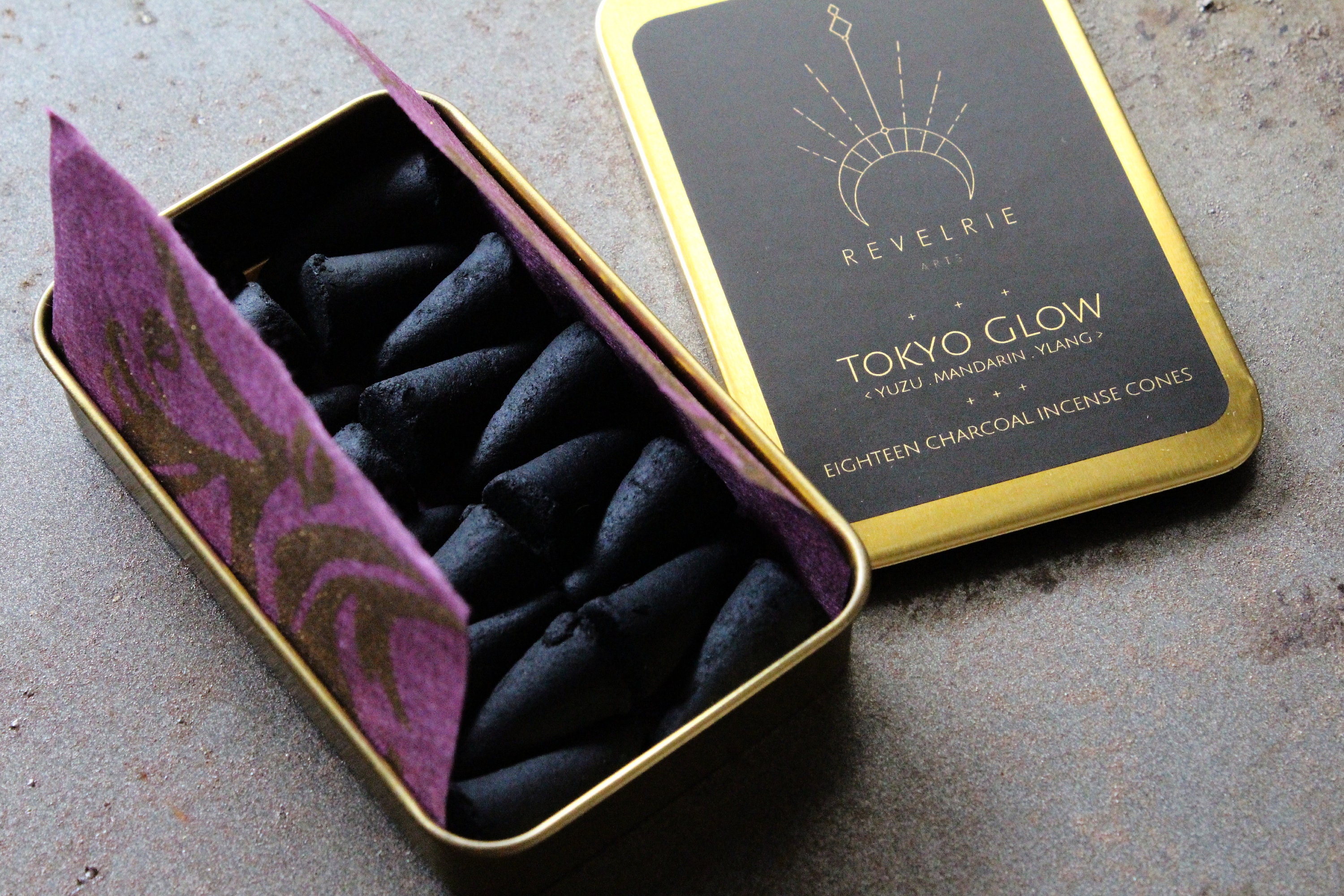 Tokyo Glow Charcoal Incense Cones in Gold Tin Eighteen Cones Refills