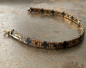 SAVE 20% - Handwoven Glass Seed Bead Bracelet - Bronze / Matte Black - Crosses And Dots - 7.5 Inches