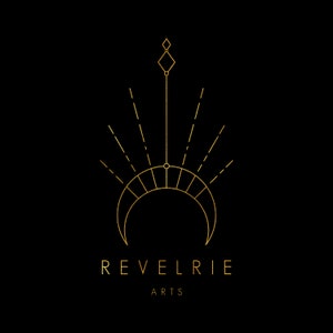 May include: A gold geometric design with a crescent moon and a diamond shape at the top. The text "REVELRIE ARTS" is below the design.