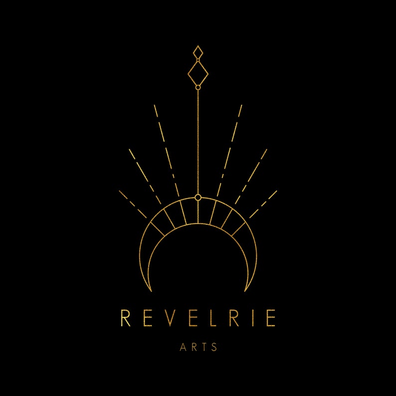May include: A gold geometric design with a crescent moon and a diamond shape at the top. The text "REVELRIE ARTS" is below the design.