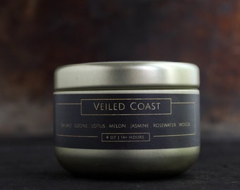 VEILED COAST - Small Scented Candle In Gold Tin - Ocean & Subtle Florals