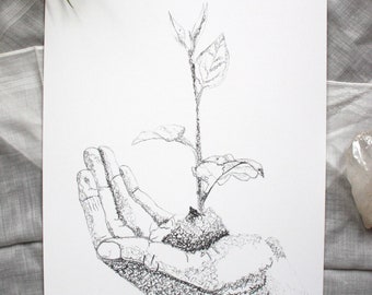 May include: Detailed black and white pen and ink drawing of a hand holding a young plant. The illustration shows the plant's leaves and stem emerging from a small mound, symbolising growth and nurturing.