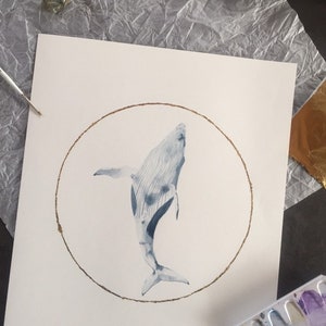 Floating whale in a golden circle | Whale in the sea | Blue whale gold | Power animal whale | Gold leaf